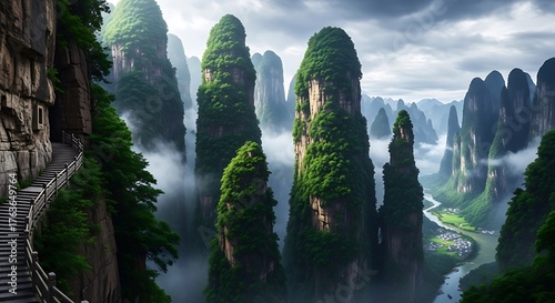 Misty mountain peaks covered in lush green trees and fog