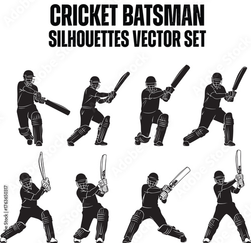 Cricket Batsman Silhouettes Vector Set — Batting Poses — Sports Illustration