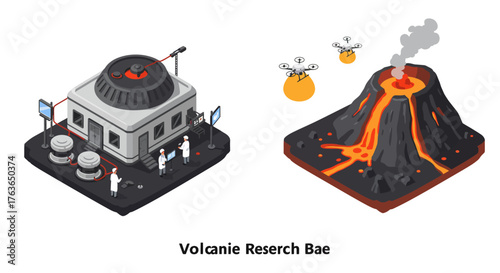 Isometric science lab and volcano with drones: exploring volcanology and modern research