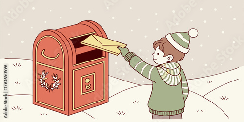 A child sending a letter to the mailbox in snowy day