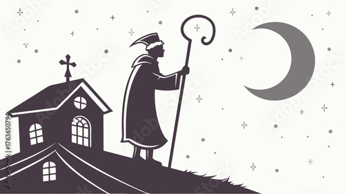 Silhouette of a clergyman on a roof, under the moonlight