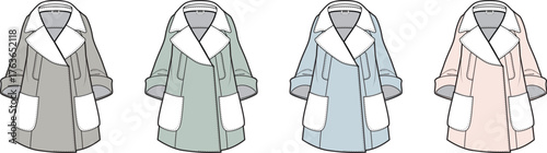 Set of colorful women's outerwear fashion illustrations. Technical flat drawing of a warm, oversized coat with patch pockets and a wide collar