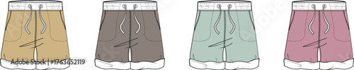Collection of four different colored flat-lay illustrations of casual drawstring shorts for a clothing brand