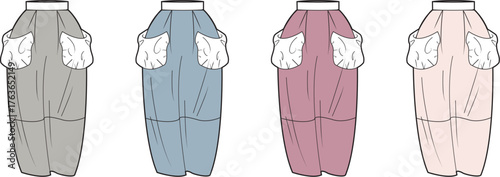Collection of vector fashion illustrations showing women's relaxed-fit bottoms with ruffled pockets, in four pastel colors, ideal for apparel design