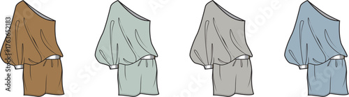 Fashion illustration of a one-shoulder draped playsuit with voluminous sleeves and elastic waist, shown in four colors for apparel design