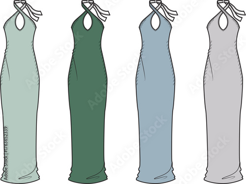 Fashionable halter neck maxi dresses in pastel and muted earth tones for elegant evening wear