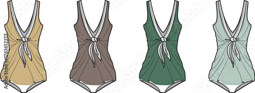 Collection of retro-style one-piece bathing suits with a deep plunge neckline and front tie knot. Vector fashion design template
