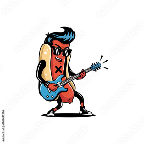Cartoon hot dog character playing electric guitar with sunglasses and rockstar hair.