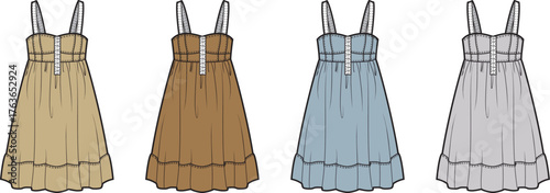 Four women's summer dresses in various neutral colors, showcasing fashion design sketches