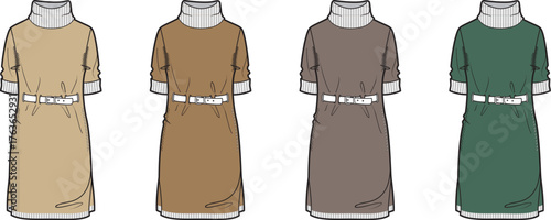 Vector illustration set of women's casual turtleneck midi dresses. Fashion apparel design template with belt and rolled sleeves in multiple colors