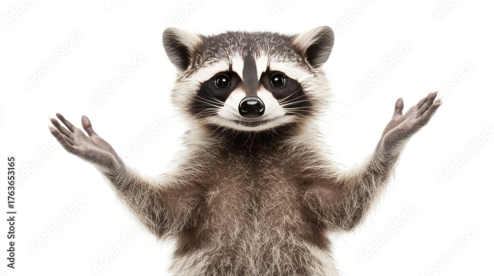 Obraz premium Cute raccoon with open paws on white background looking curious
