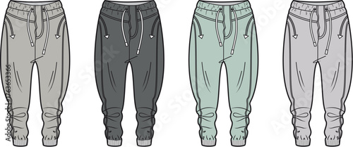 Four variations of modern drawstring waist pants in different color shades