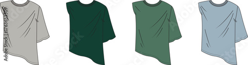 Vector fashion flat sketch template collection of an asymmetrical t-shirt top in different colors for apparel design