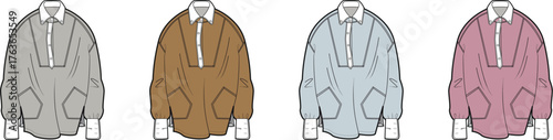 Vector illustration collection of an oversized polo sweatshirt technical flat, featuring multiple colorways for fashion design and apparel mockups