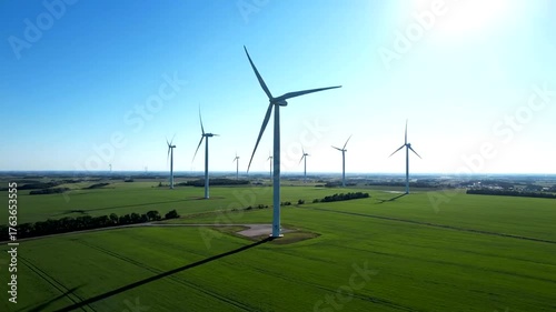 Aerial view of wind turbines in a lush green field under a clear blue sky, showcasing renewable energy