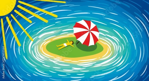 Person Lying Under Red and White Umbrella on Tiny Island Surrounded by Blue Water