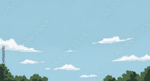 Serene Light Blue Sky with White Clouds and Green Trees