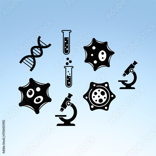 Abstract illustration of scientific research symbols including DNA, cells, and microscopes on a gradient background