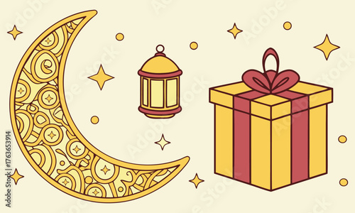 Golden crescent moon shines with lantern and gift box on light cream background