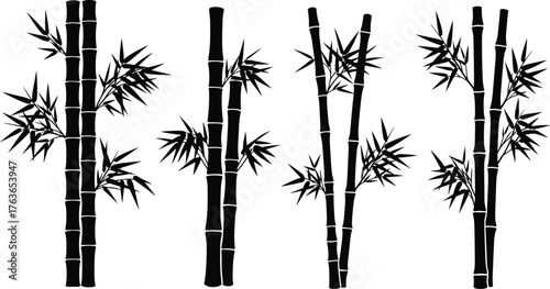 Bamboo plant silhouettes collection, tropical nature stalk icons, Asian jungle leaves set, minimalist zen growth symbols, cad drawing flat vector illustration