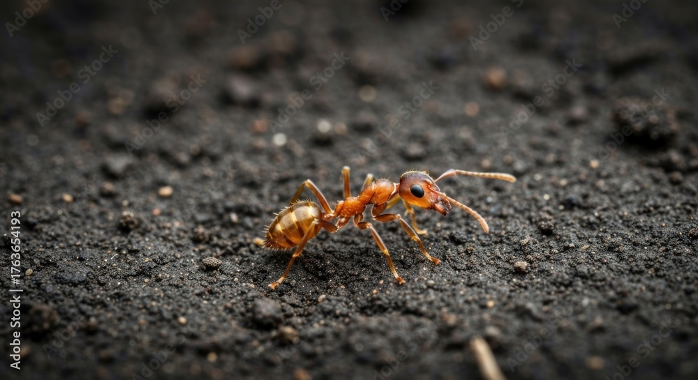 Fototapeta premium Ant walks on dirt. Close-up showing detailed body and surrounding terrain