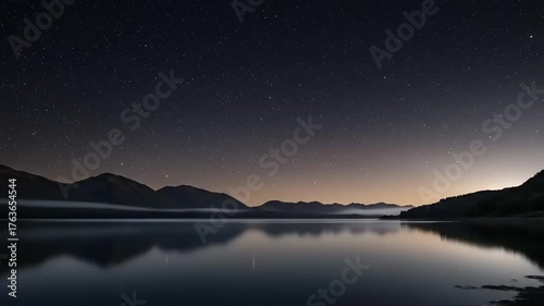 Time Lapse of Starry Night Sky Reflecting on Calm Lake Surrounded by Mountains
