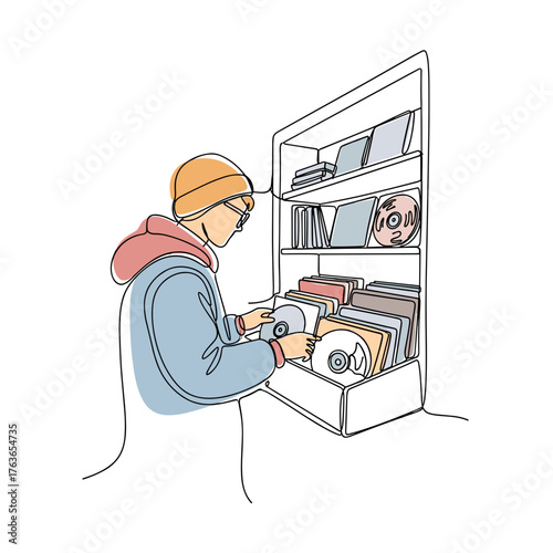 Person browsing vinyl records in a vintage shop concept of unposed leisure scenes  