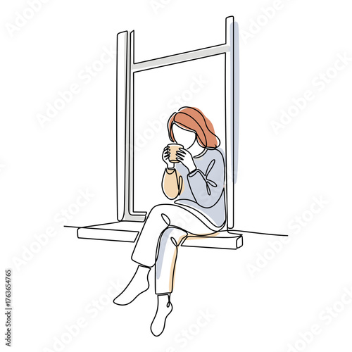 Woman sitting on windowsill sipping coffee in casual indoor setting  