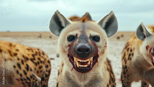 Fierce hyenas with bloodied faces and sharp teeth showcase their predatory nature in wild savanna, embodying essence of fierce carnivore in heart of natures wildlife
