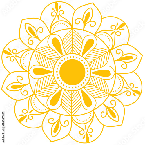 Elegant yellow mandala vector design with symmetrical floral and geometric patterns. Perfect for background decoration, meditation themes, yoga branding, and spiritual artwork. 