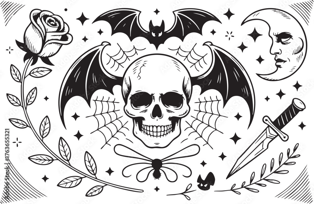 Fototapeta premium A gothic skull with bat wings, rose, moon, and dagger isolated on white background, embodying dark fantasy and occult themes with intricate line art