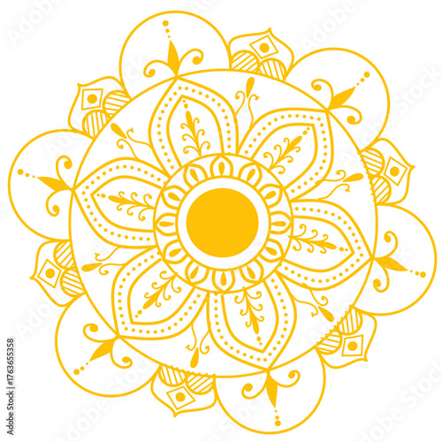 Elegant yellow mandala vector design with symmetrical floral and geometric patterns. Perfect for background decoration, meditation themes, yoga branding, and spiritual artwork