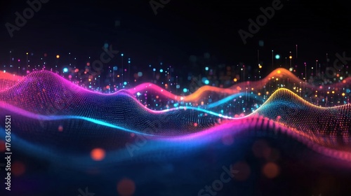 A vibrant, abstract visualization of sound waves, showcasing a spectrum of colors in a dynamic, digital landscape.