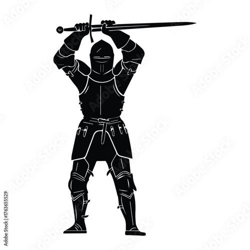 Vector illustration of cartoon warrior and soldier with rifle and sword silhouette