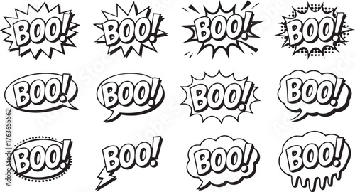 Collection of spooky and fun boo speech bubbles isolated on white background, perfect for adding a playful touch to your halloween designs and greetings