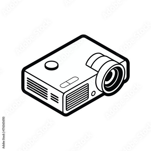 Black and white isometric line art illustration of a digital projector video projector movie projector