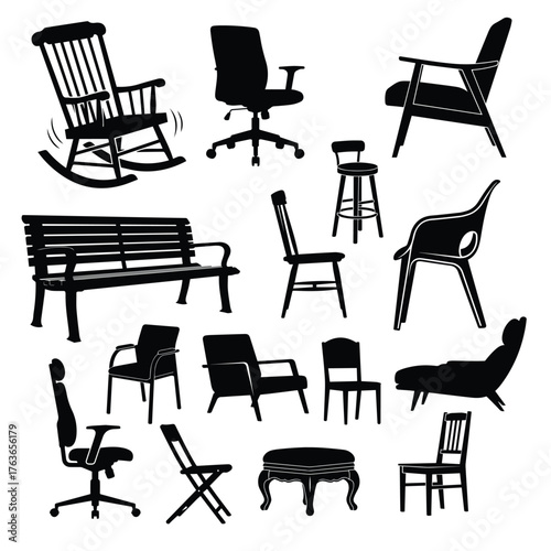 Chairs in Silhouette: A curated assortment of various chair designs, from classic rocking chairs to modern office seats, each captured in elegant silhouette.