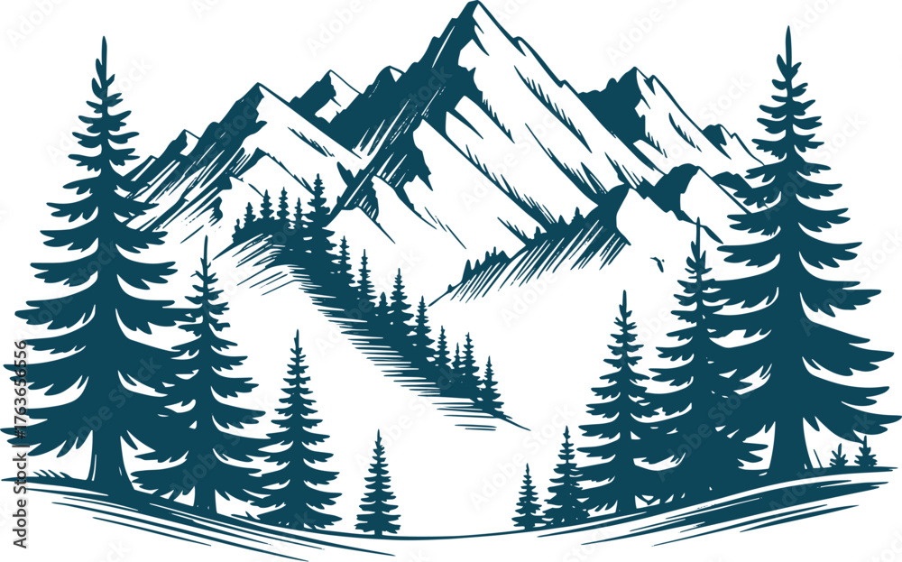 Fototapeta premium Black and white vintage hand-drawn mountain range illustration with pine trees, bold ink line art in retro poster style, simple composition, minimal clean design on plain background