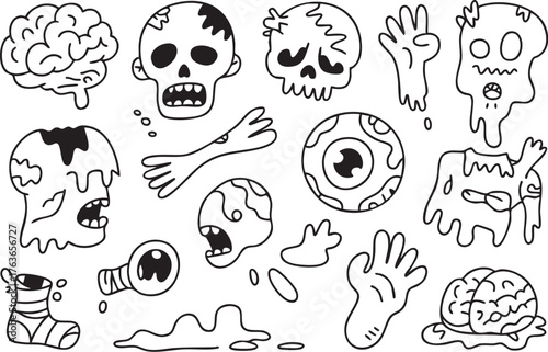 A collection of spooky halloween doodles featuring brains, skulls, and zombie parts isolated on white background, perfect for creating eerie and fun designs