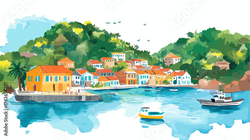 English Harbour. English Harbour hand drawn watercolor illustration
