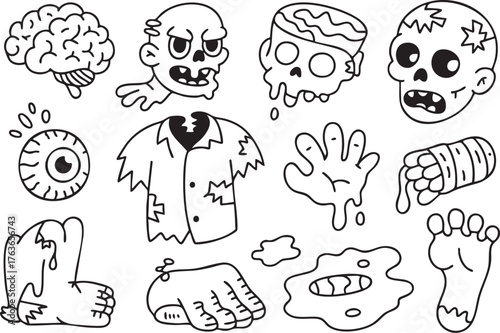 Spooky halloween doodles featuring zombie parts and gore isolated on white background, perfect for creating eerie and fun designs for the holiday season
