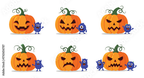Set of Halloween Pumpkins with Cute Monsters Expressing Different Emotions.