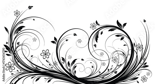 Elegant floral design with swirling vines and delicate blossoms, artistic black and white.