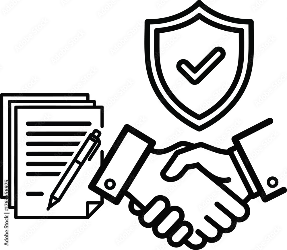 Obraz premium Vector art of handshake with shield and document