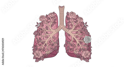 Artistic representation of lungs filled with flowers and roses.