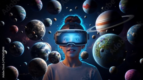 Young girl exploring virtual reality with planets in background  