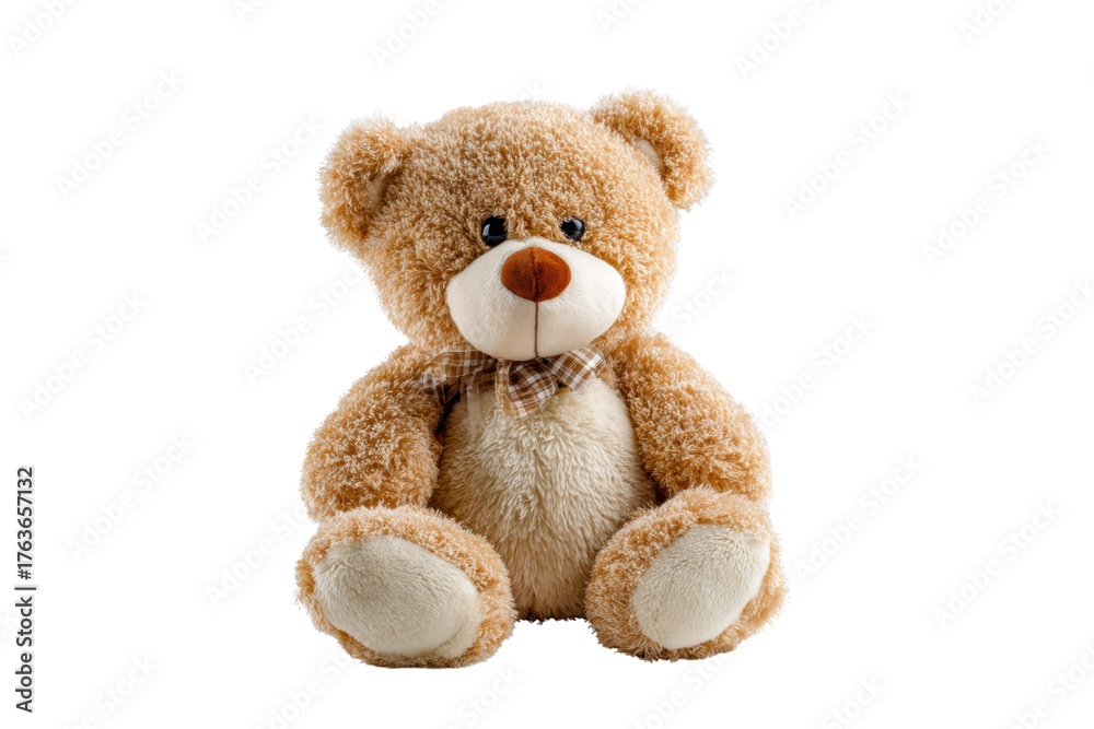 Obraz premium A teddy bear is sitting on a white background. The bear is brown and has a brown nose