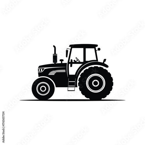 Black silhouette of a modern tractor with large wheels and cab white vehicle