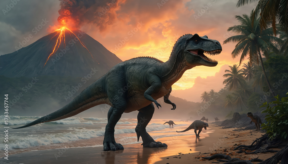 Naklejka premium Tyrannosaurus rex dinosaur walks on prehistoric beach at sunset. Volcano erupts with lava and smoke in background. Other dinos roam tropical shore by sea, ancient landscape from jurassic period.