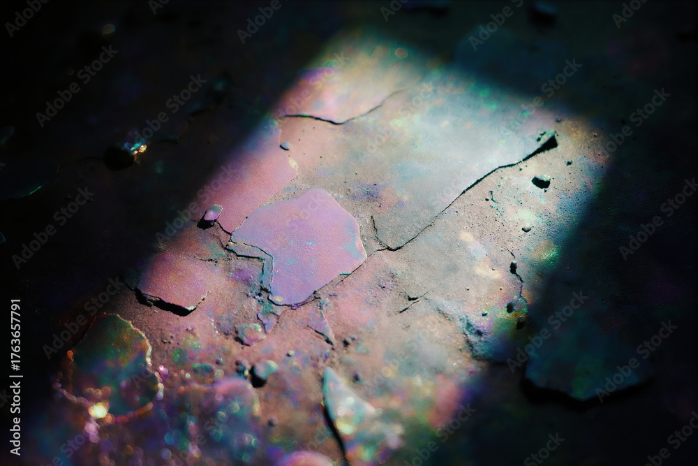 Fototapeta premium Colorful reflections on cracked surface in low light setting